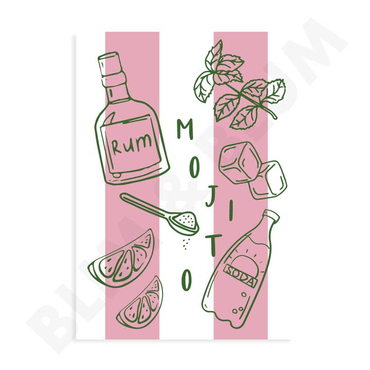 Mojito Cocktail Striped Art Print for wholesale by Blim & Blum