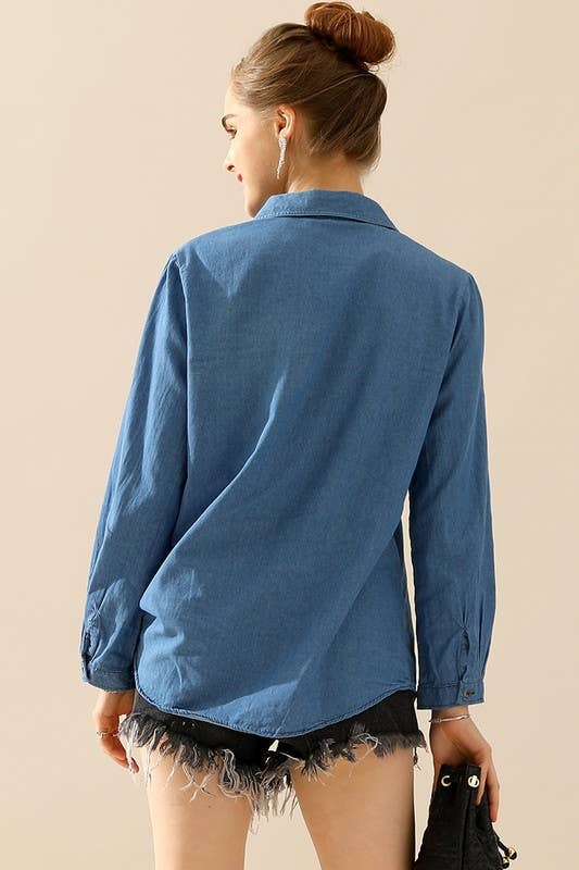 NINEXIS - Wholesale Button Down Shirt - Women's - CWTSTL088_DENIM CHAMBRAY BUTTON UP LONG SLEEVE TOP12