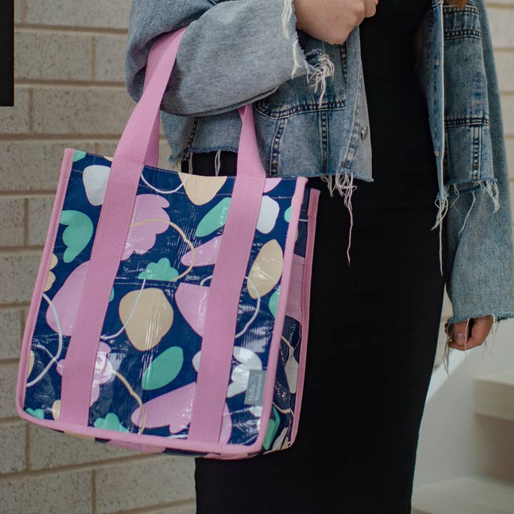 Hello Weekend - Wholesale Grocery/shopping bag - Pink & Aqua Flowers - Daily Market Tote Bag with Pocket4