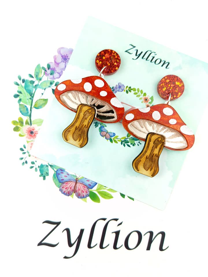Mushroom Dangle Sterling Silver Earrings for wholesale by Zyllion