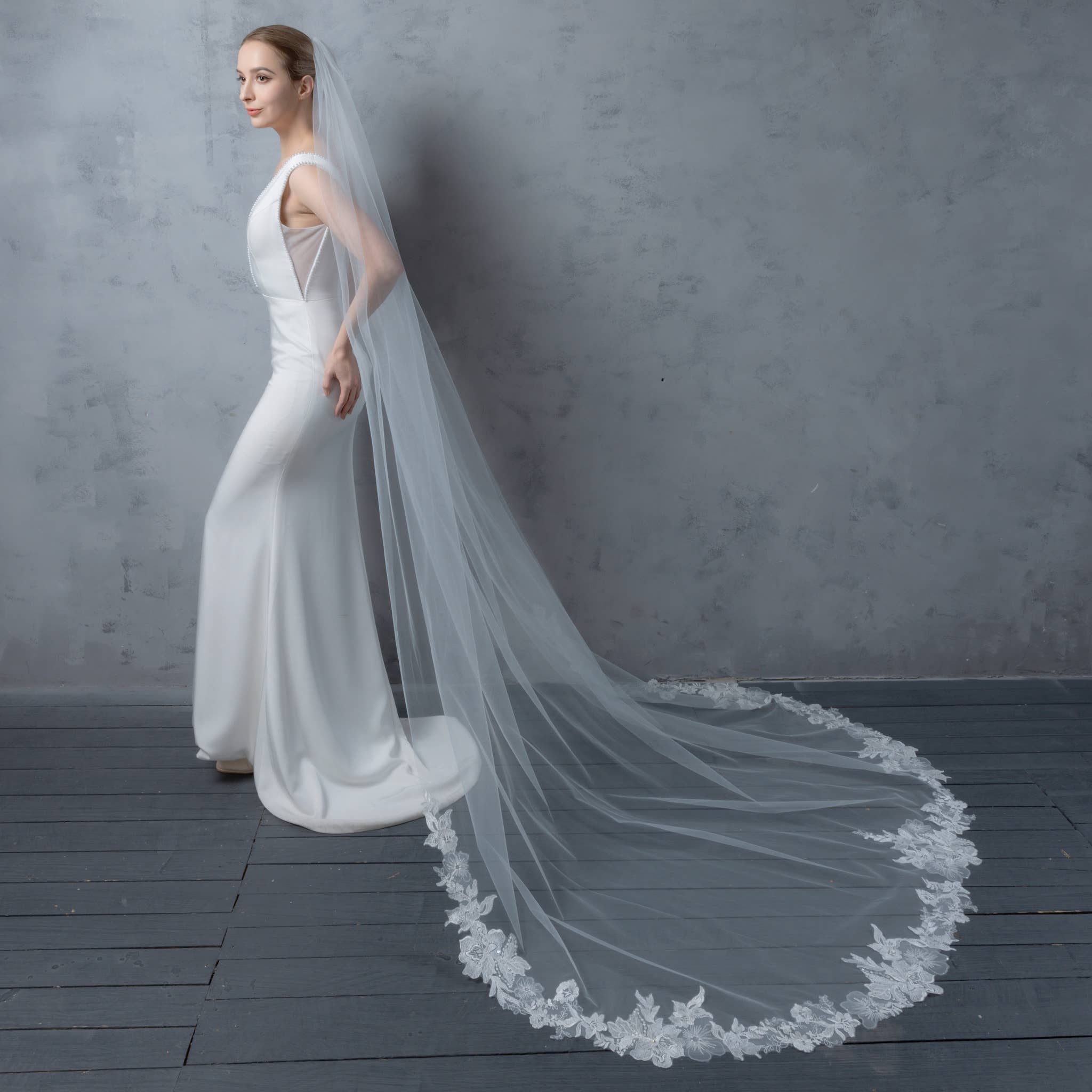 Farinosa Bridal - Venta al por mayor Velo - Mujer - Velo nupcial de encaje bordado con flores FS6231 en 96,5 cm, 127 cm, 274 cm y 305 cm1