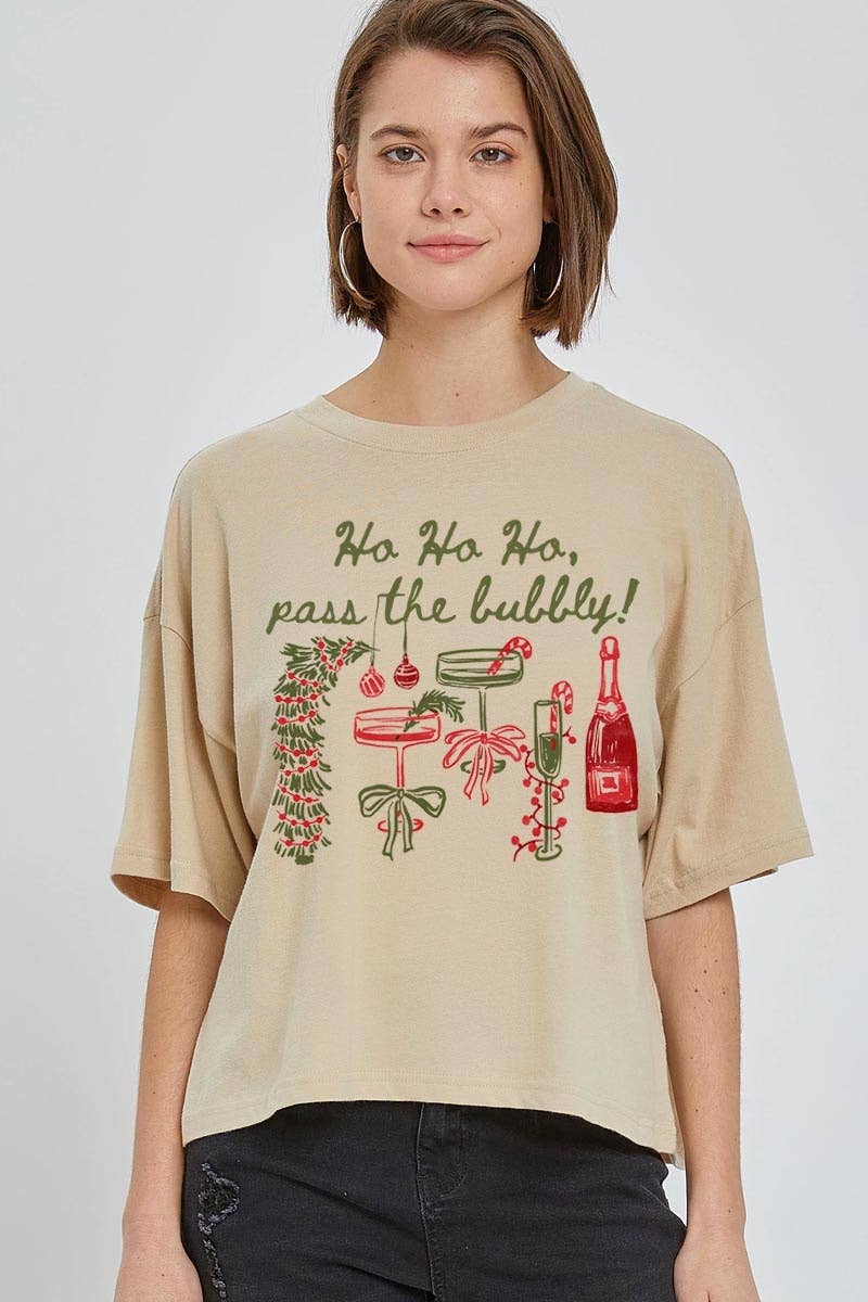 Pink Irene Wholesale - Wholesale Shirt - Women's - Pass the Bubbly Christmas Graphic Relaxed Crop Top0