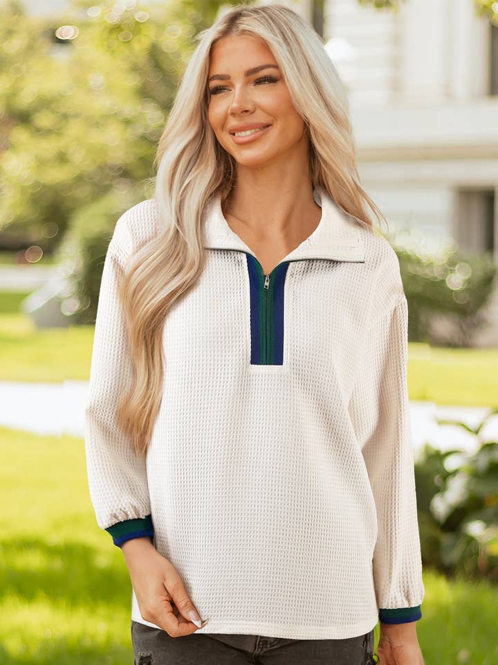 Stripe Contrast Waffle Knit Zip Up Polo Sweatshirt for wholesale by PRETTY BASH