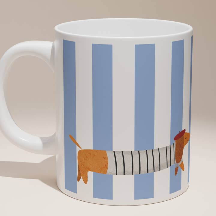La Saucisse Parisienne Teckel Mok - Lichtblauwe Strepen Design voor wholesale door Teckels Tales Travels