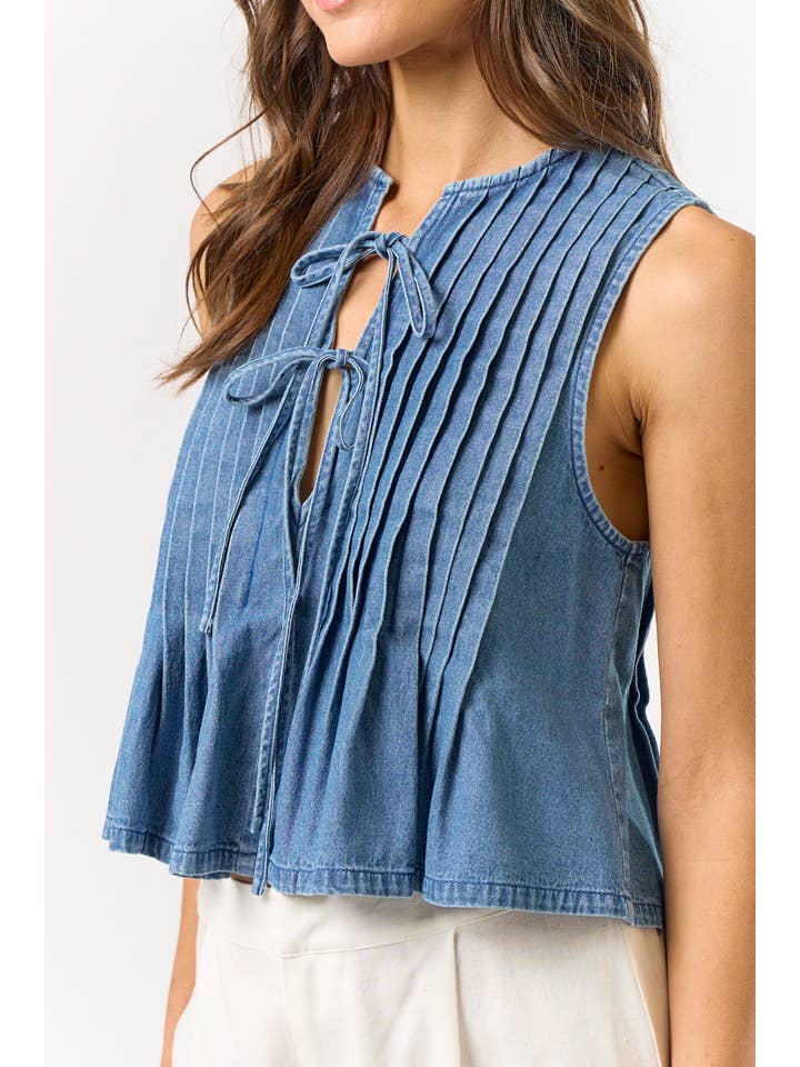 ILT5631 Denim Front Tie Pleated Top for wholesale on Faire