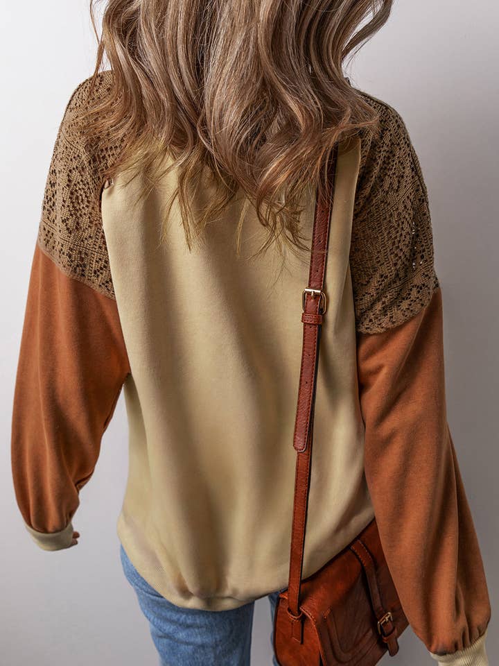Khaki Colorblock-Spitzen-Patchwork-Sweatshirt – Mit überschnittenen Schultern für den Großhandel auf Faire1