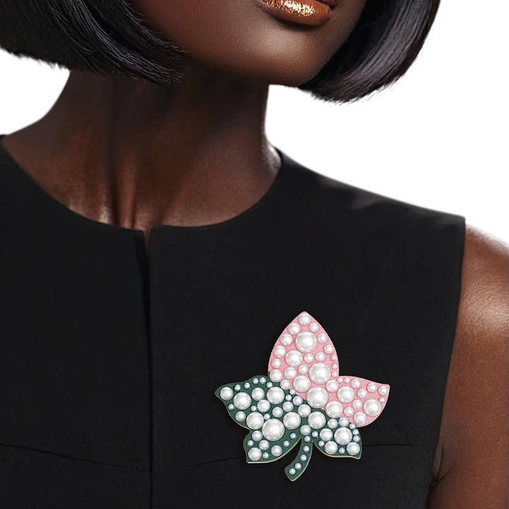 AKA Sorority Pink Green Ivy Leaf Wood Pearl Brooch for wholesale on Faire
