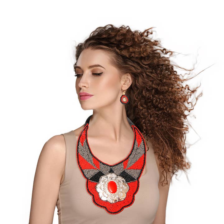 Red and Silver Beaded Bib Necklace Set Featuring Stamped for wholesale by PinktownUSA