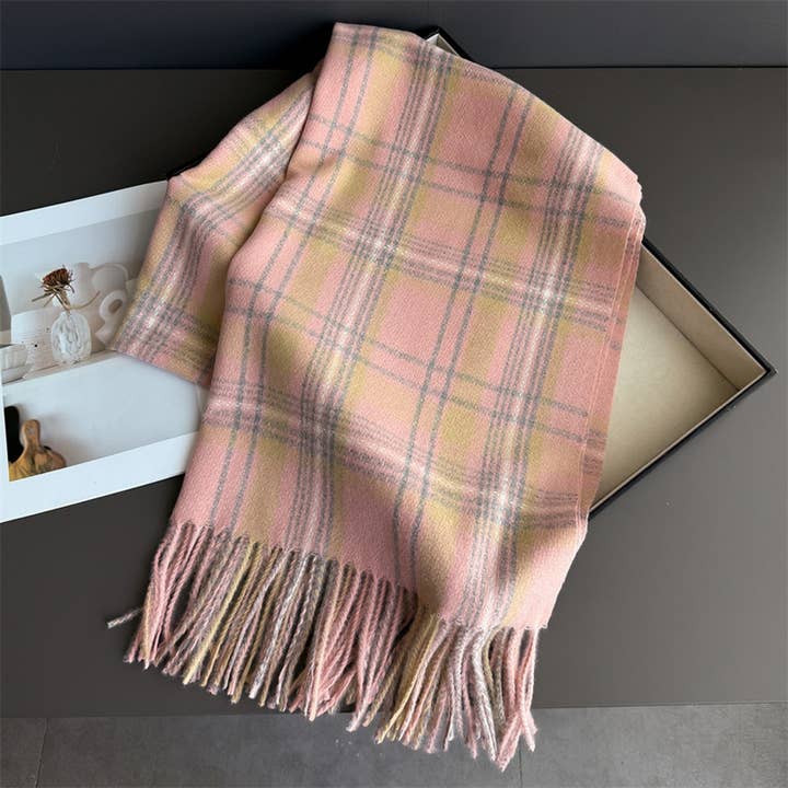 ACCITY - Wholesale Scarf - Unisex - Vintage Plaid Winter Cashmere Feel Tassel Scarf_CWASC032617