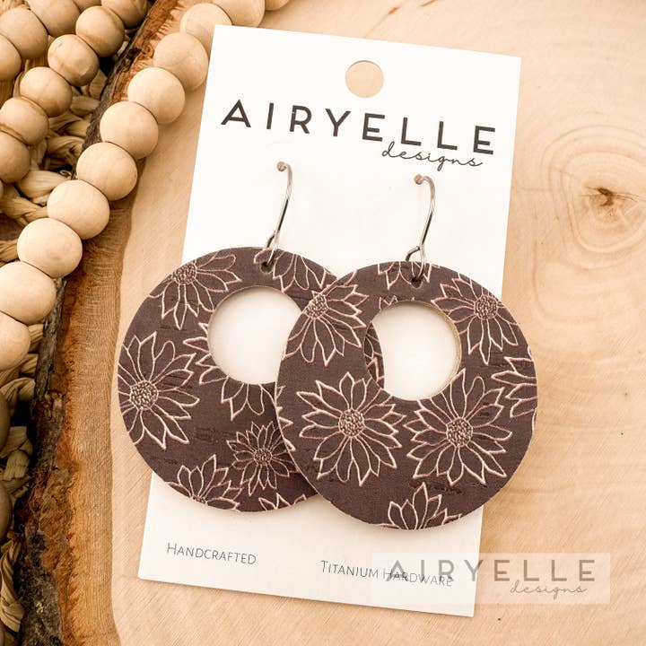 Midnight Sunflowers Cork + Leather Hoop Earrings for wholesale by Airyelle Designs
