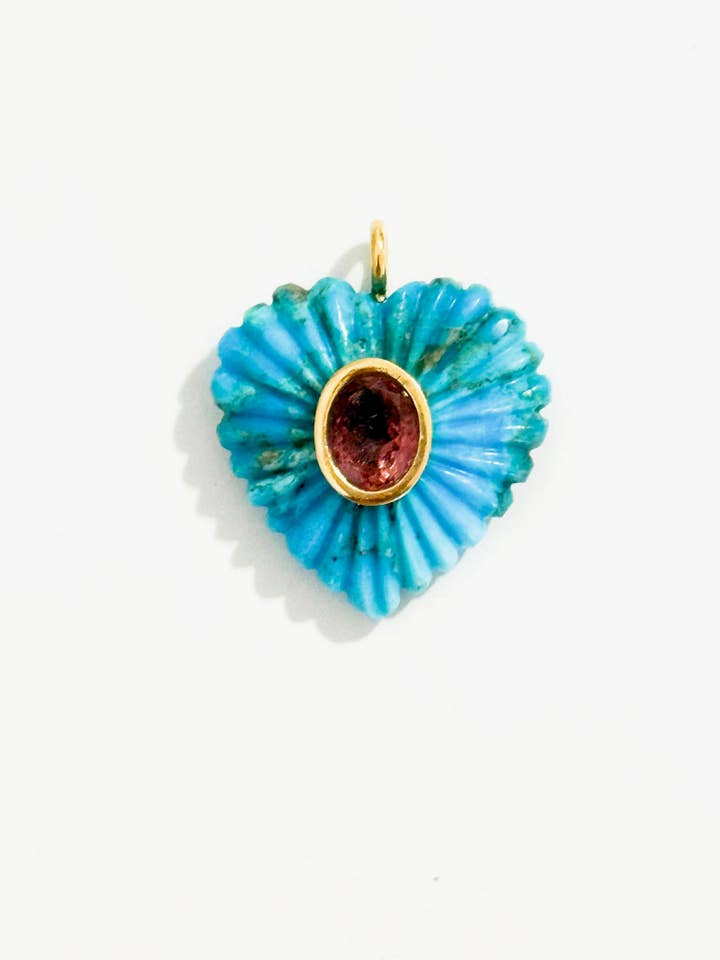 Handcarved Heart Turquoise/Pink tourmaline Inlay Pendant for wholesale by Natnat Creations