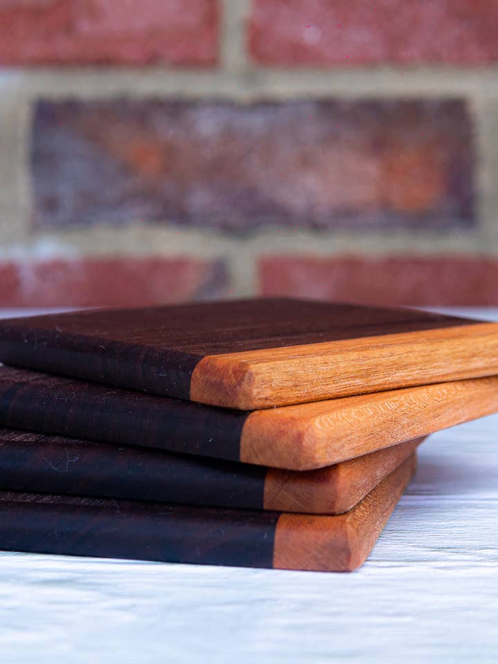 HANDMADE WOODEN COASTERS S/4 | BLACK WALNUT + CHERRY for wholesale by THE RILEY/LAND COLLECTION