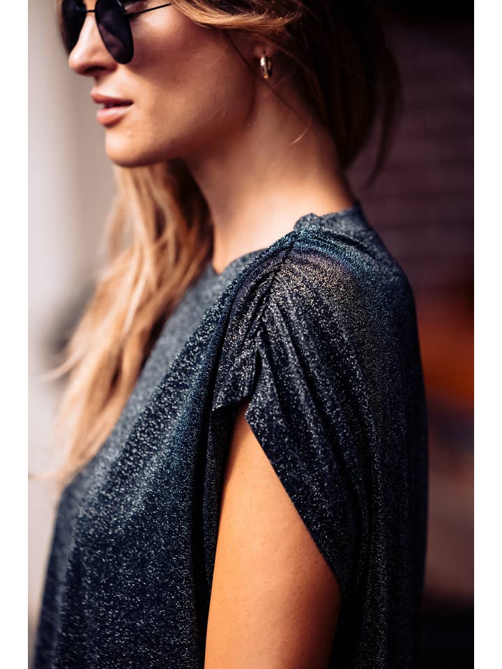 Shimmer Rouge Ruched Shoulder Top for wholesale on Faire