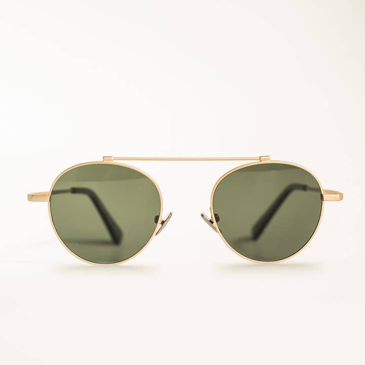 Jones lunettes de soleil métal premium vert et or pour la vente par Essential Glasses