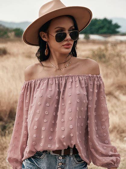 Supreme Fashion - Wholesale Blouse - Women's - Off Shoulder Swiss Dot Long Sleeve Loose Top0