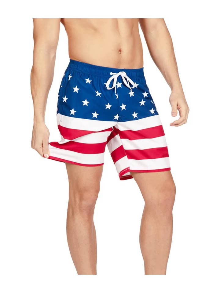 Tipsy Elves - Wholesale Swim Shorts - Men's - American Flag Stretch Swim Trunks - Men's USA Bathing Suit