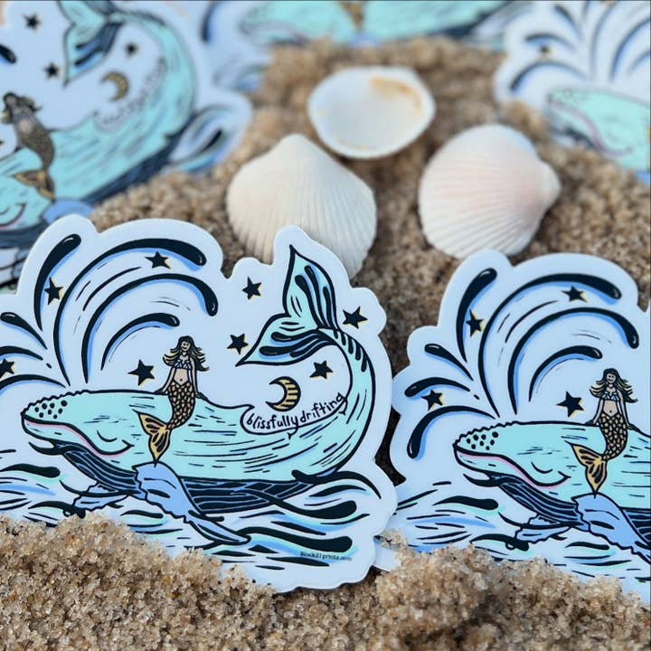 Block21Prints - Wholesale Sticker - Blissful Whale Mermaid Sticker, ocean nautical decal1
