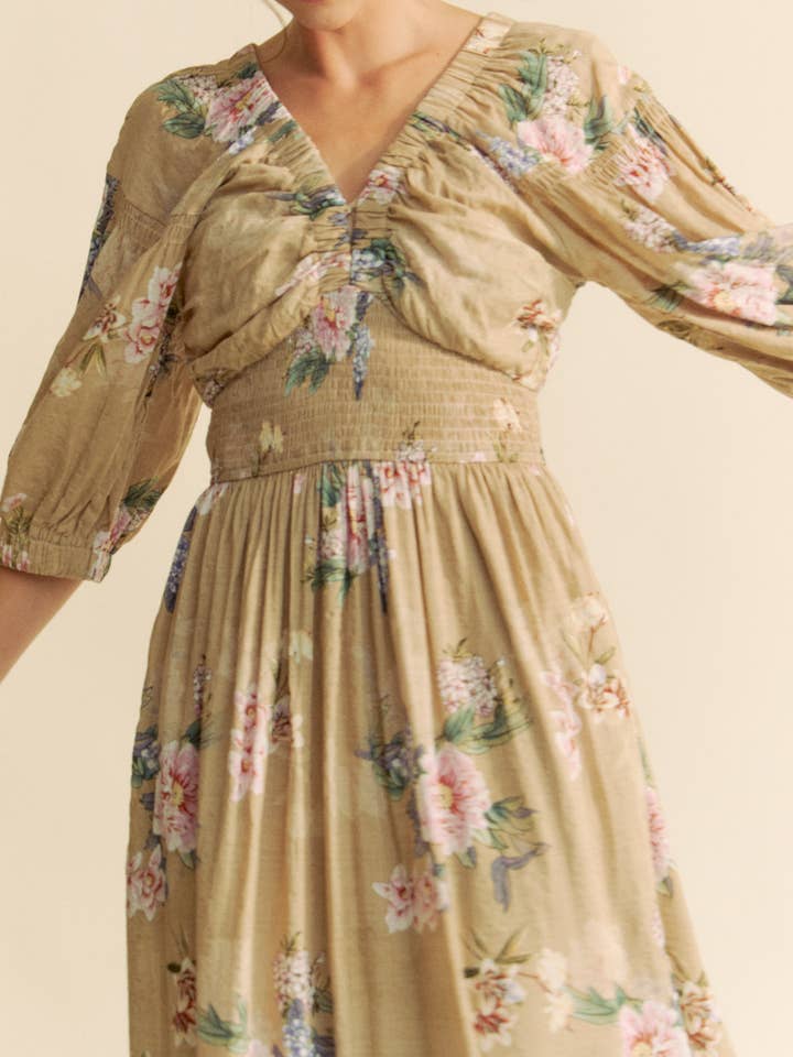 Davi & Dani - Wholesale Dress - Women's - GARDEN FLORAL PRINTED THREE LINE WAIST MAXI DRESS