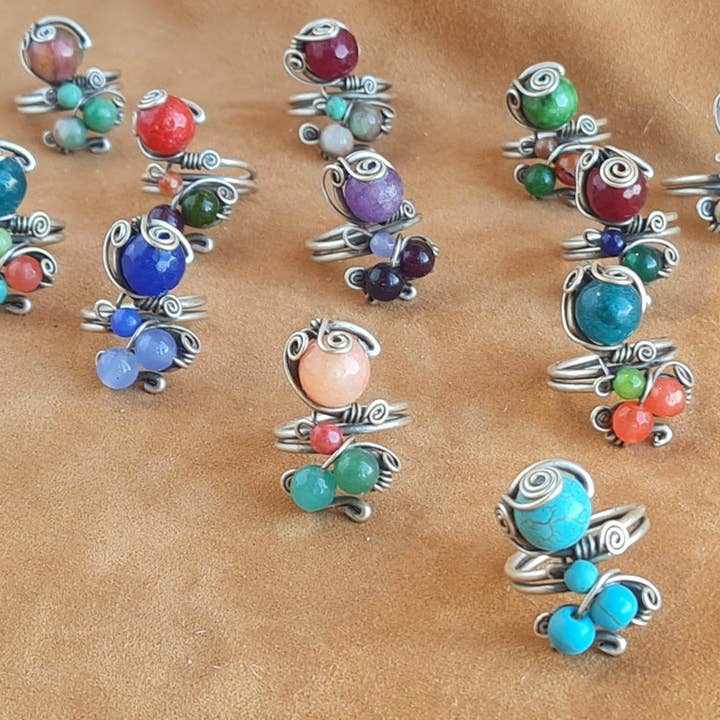 Collection de bagues en pierre naturelle artisanale – Cuivre plaqué argent pour la vente par Shemo