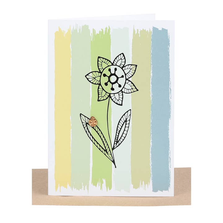 Blank Gift Card Green Stripes and a Small Wooden Ladybug for wholesale by Lil's Cards