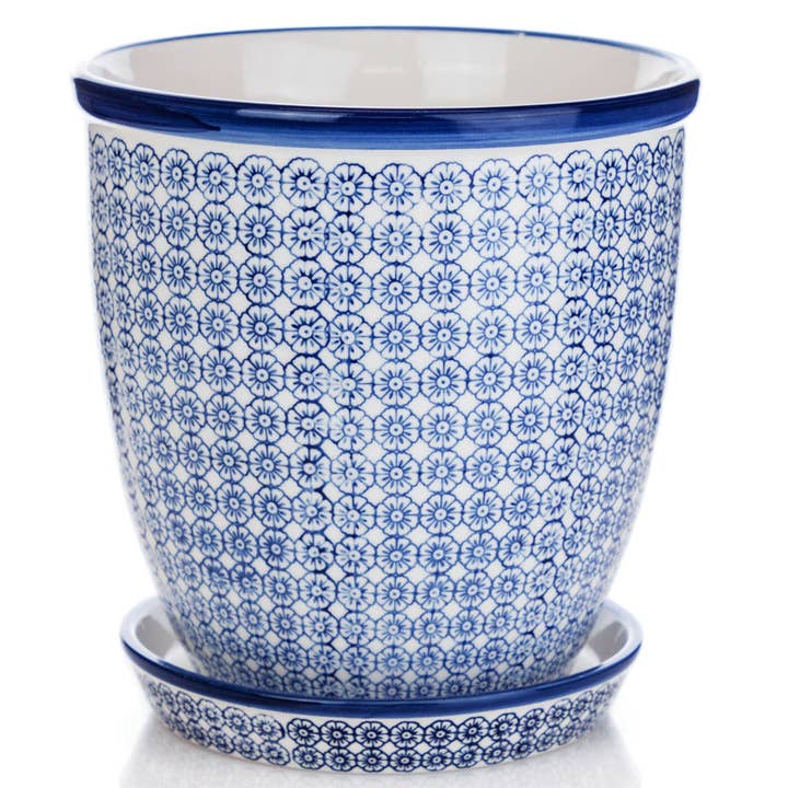 Nicola Spring Hand-Printed Flower Pot/Drip Tray Blue 203mm for wholesale by Rinkit Ltd