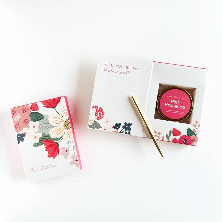 Little Luxe Cards | Greeting Card with Candle Inside! – wholesale Brudtärnekort – Brudtärneförslagskort med rosa Prosecco-ljus inuti