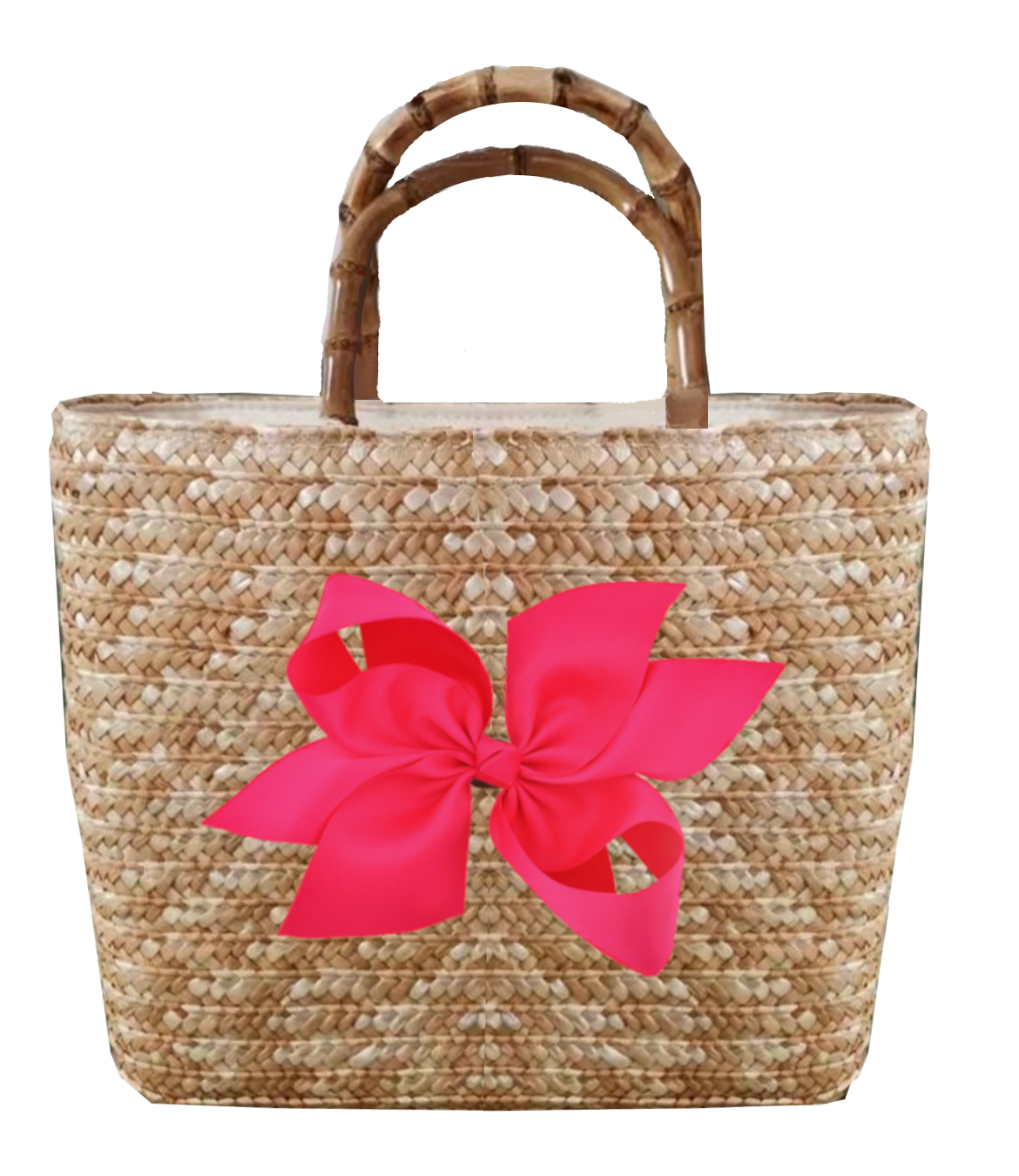 Peachy Pendants - Wholesale Beach Bag - Sankaty Straw Tote Handbag w Interchangeable Bow - Hot Pink0