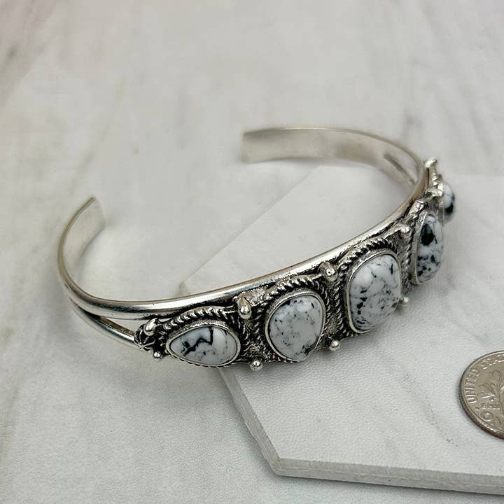 BR241130-03-WHITE Silver metal with white turquoise stone bangle for wholesale by Western Elite Jewelry