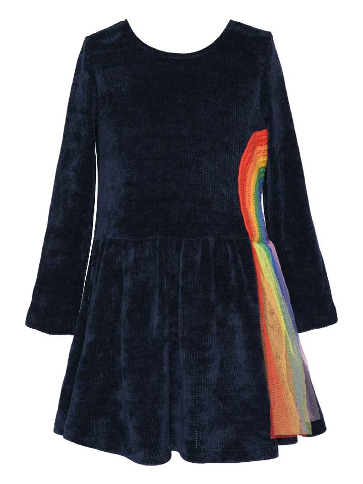 NAVY L/S SWEATER DRESS W/ RAINBOW TRIM DETAIL for wholesale on Faire