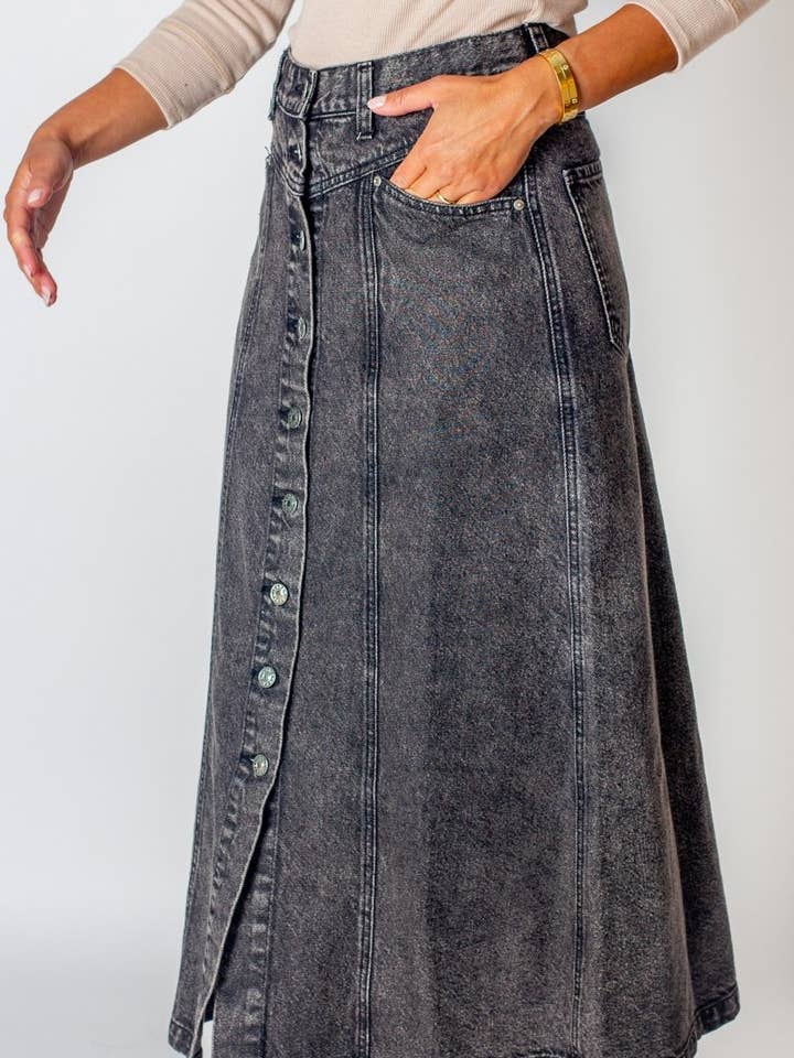 Button Front Denim Maxi Skirt in Black for wholesale by Yakira Bella