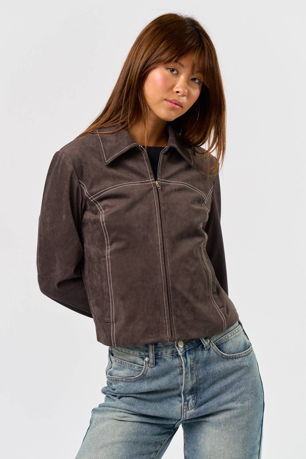 CHARCOAL Suede Jacket with Contrast Stitching for wholesale on Faire4