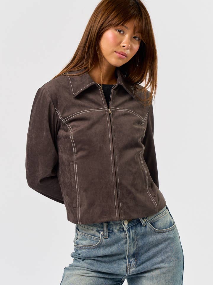 CHARCOAL Suede Jacket with Contrast Stitching for wholesale on Faire4