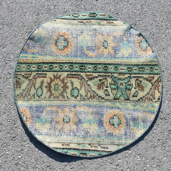 Handgemaakte Groen & Blauwe Geometrische Vloerkleed, Traditioneel 2,2x2,2 Ft voor wholesale door Vintage Rugs Loom