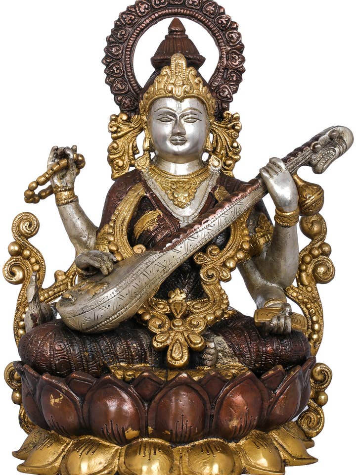 12" Kamalasana Goddess Saraswati In Brass | Handmade Idol for wholesale by Exotic India Art