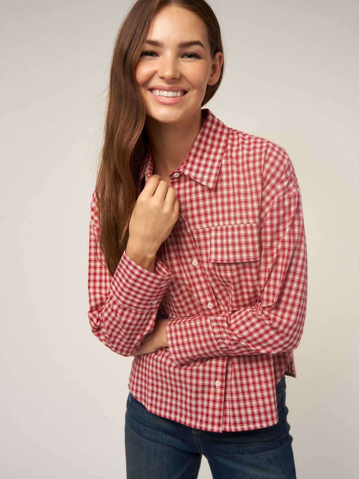 WINE SMALL GINGHAM BUTTON DOWN SHIRT for wholesale on Faire2