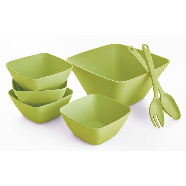 Gourmet Edge - Wholesale Serve Bowl - Eco-Friendly 7-Piece Square Bamboo Salad Bowl Set (Green)