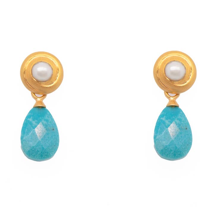 Turquoise Drop Pearl Earrings With Swirl 24K Fair Trade Gold Vermeil for wholesale by Joyla Jewelry