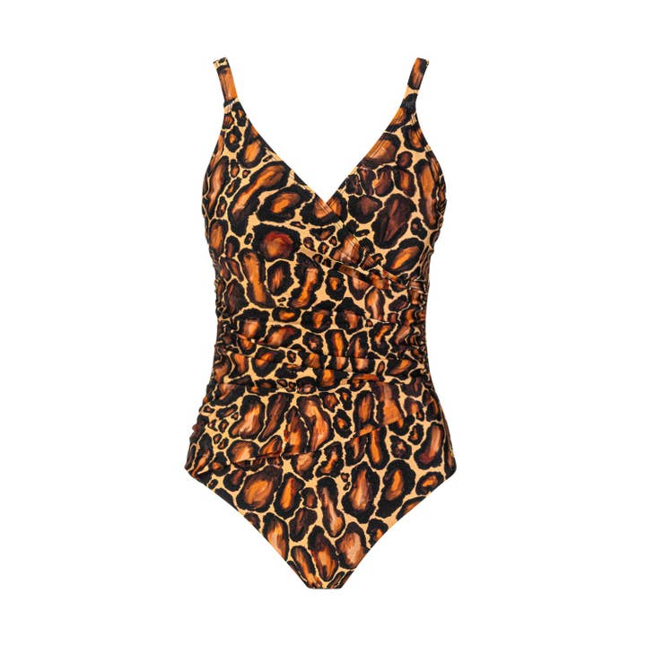 Serengeti Mock Wrap Swimsuit in Natural Animal for wholesale by Seaspray Swimwear