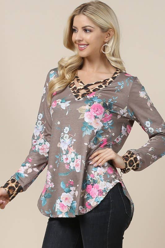 MOKA FLORAL AV1153-CINCY HAUT À COL EN V CONTRASTÉ LÉOPARD À IMPRIMÉ FLORAL en vente sur Faire5