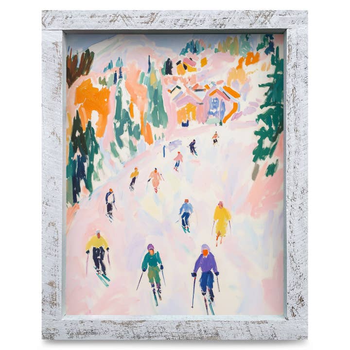 Colorful Downhill Skiers | Real Wood Framed Wall Art Print for wholesale by Mill Wood Art
