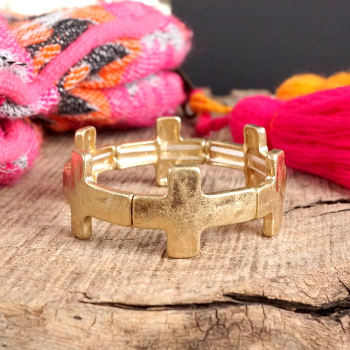 PennyLine inc - Wholesale Bangle Bracelet - Hammered Sideways Cross Bracelet in Worn Silver Gold Tone Boho Style