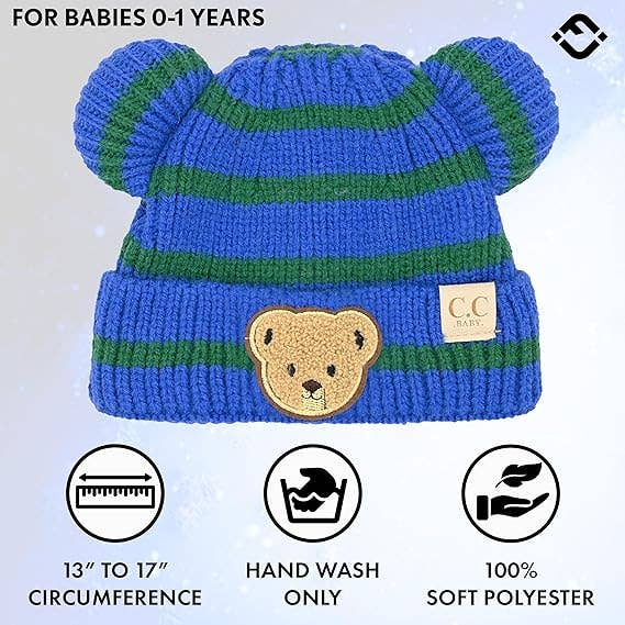 Funky Junque - Wholesale Beanie - Kids - Infant Teddy Bear Ears Beanie - Striped - Royal Blue1