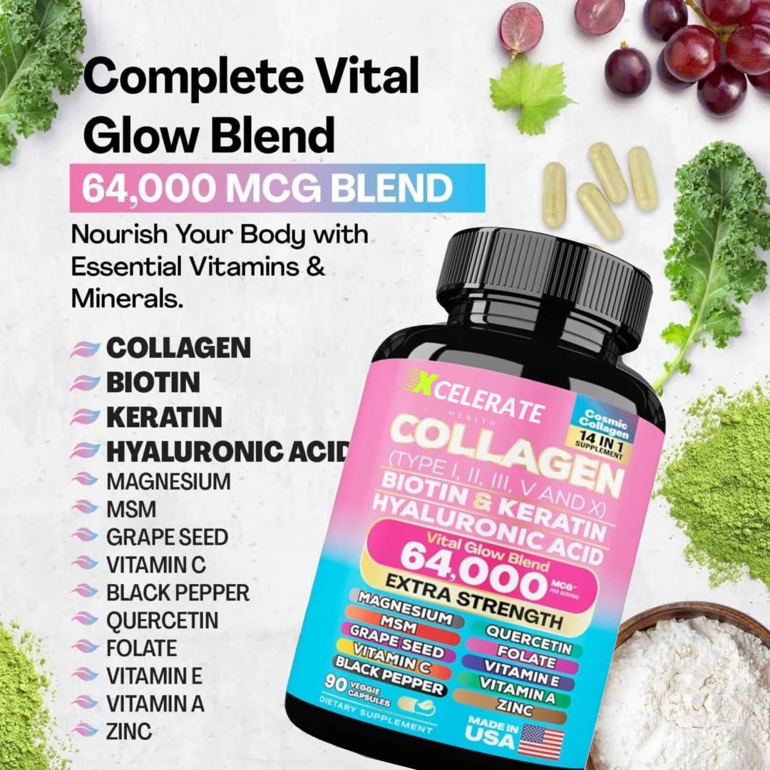 Xcelerate Health - Wholesale Oral Supplement/Vitamin - Collagen with Biotin & Keratin Vital Glow Blend for Healthy Skin and Hair Health All In 1 Supplement4