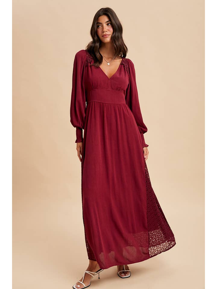 In Loom - Wholesale Dress - Women's - LACE PANEL V NECK MAXI DRESS
