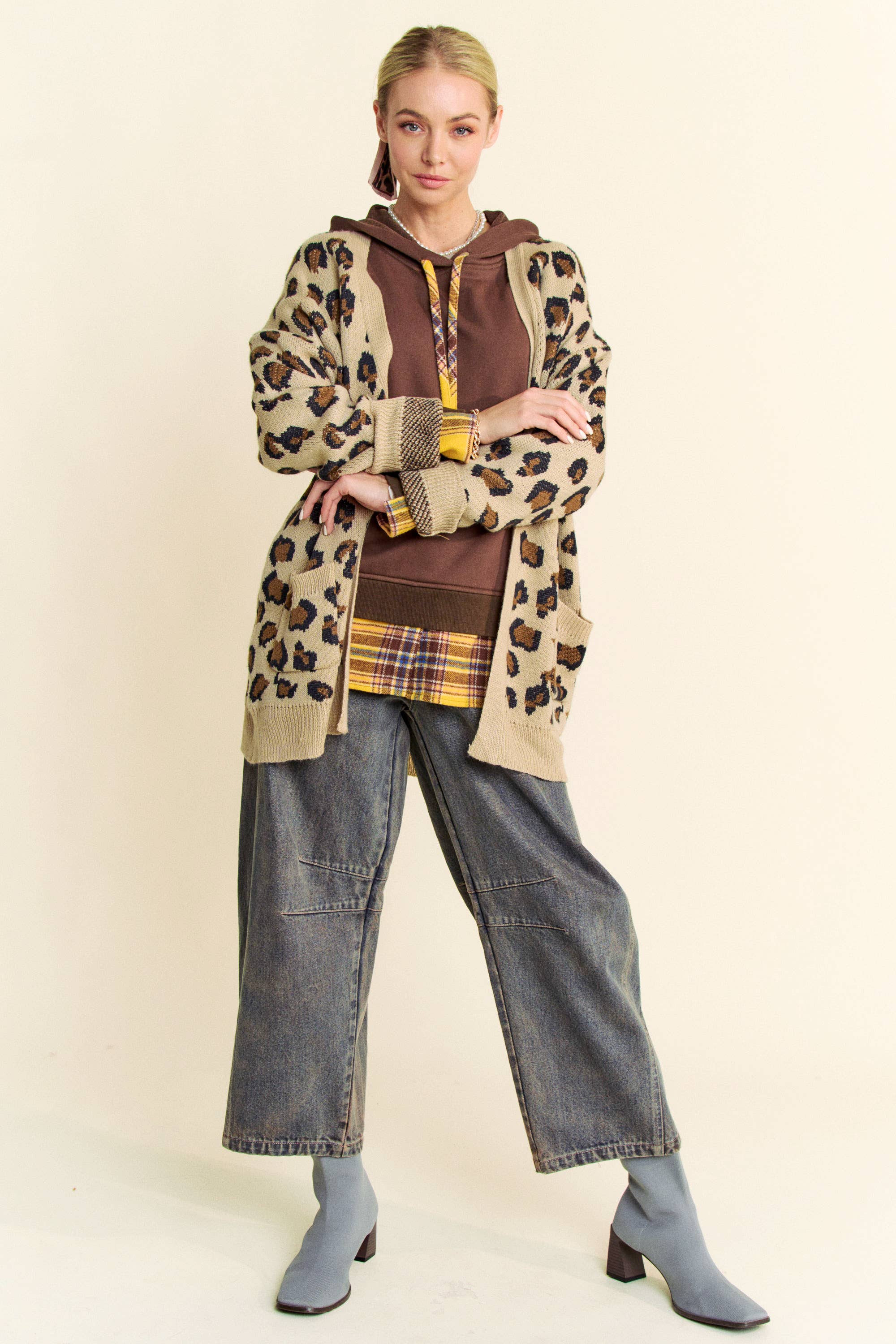 Mokka Open vest met lange mouwen en luipaardprint met zakken voor groothandel op Faire4