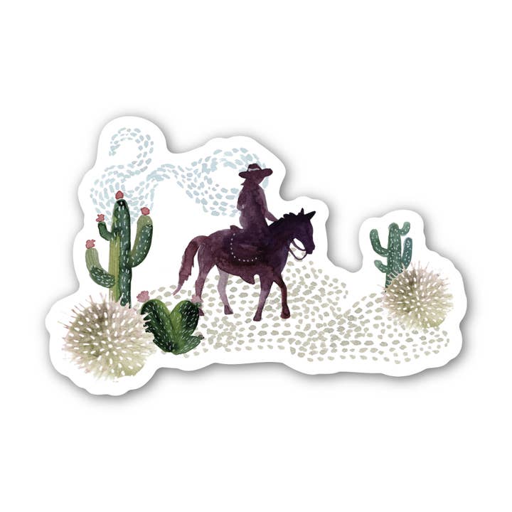 Sticker Horse and Rider in Desert with Cactus 3" Vinyl for wholesale by Angi Bock Robertson Art