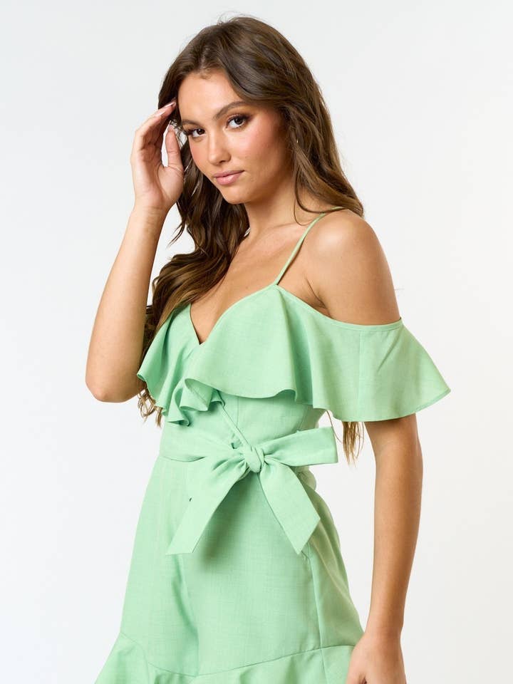 FSR1345-STK Off Shoulder Flutter Sleeve Romper With Belt 6PK for wholesale by Fascination by Intrend