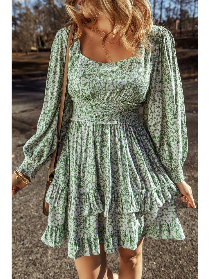Green LDC Floral Print Square Neck Shirred Waist Mini Dress for wholesale on Faire