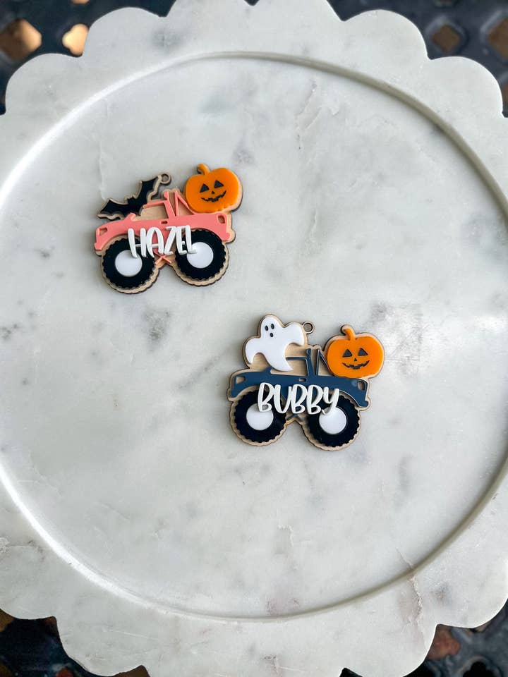 Monster Truck Themed Halloween Boo Basket Custom Nametag for wholesale by Hazel + Bloom Co