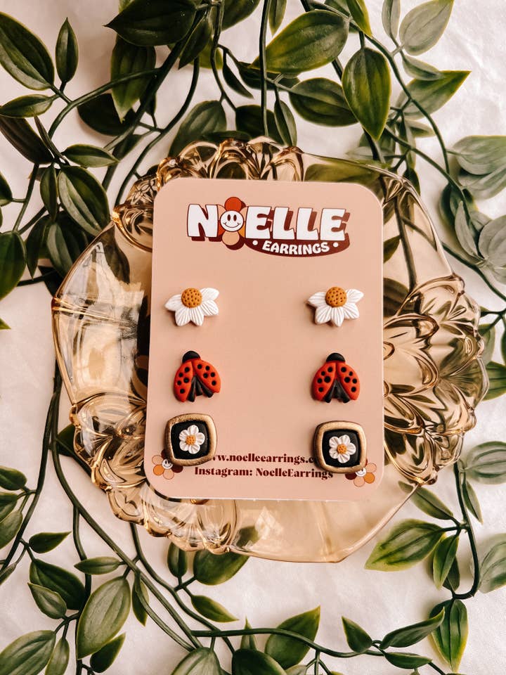 Ladybug Daisy Stud Pack | Flower Polymer Clay Earrings for wholesale by Noelle Earrings